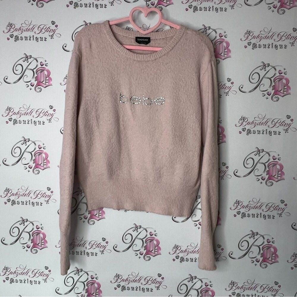 Bebe sweater furry fuzzy pink bling crystal rhinestone Swarovski